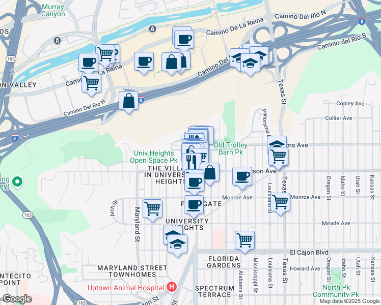 map of restaurants, bars, coffee shops, grocery stores, and more near 1727 Mission Cliff Drive in San Diego