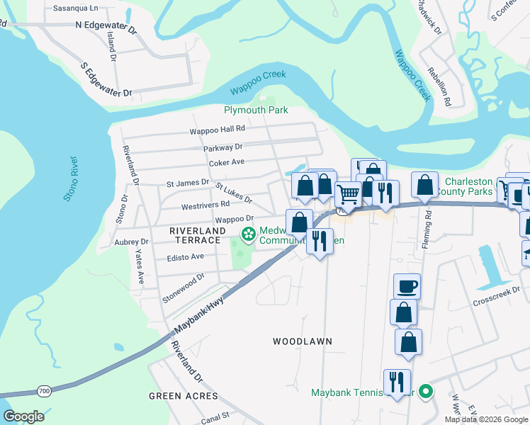 map of restaurants, bars, coffee shops, grocery stores, and more near 167 Clark Avenue in Charleston