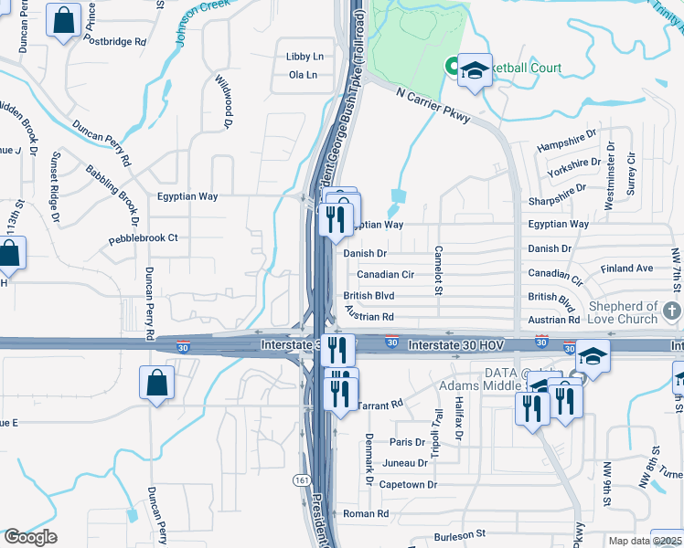 map of restaurants, bars, coffee shops, grocery stores, and more near 1514 King Arthur Drive in Grand Prairie