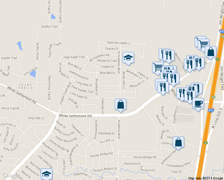 map of restaurants, bars, coffee shops, grocery stores, and more near 9932 Long Rifle Drive in Fort Worth