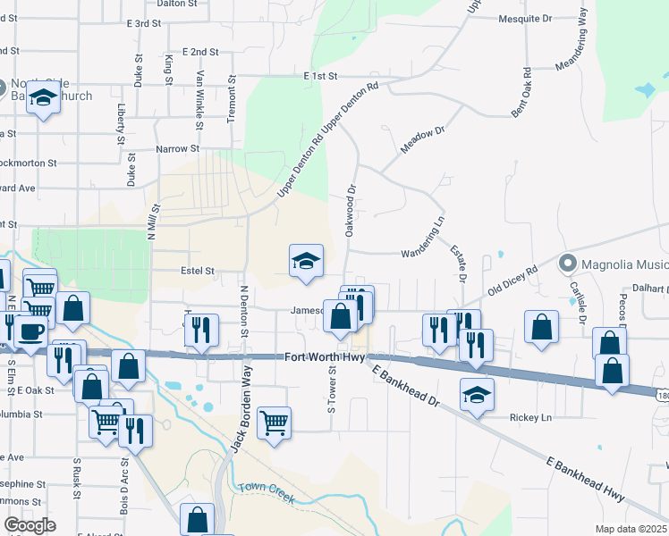 map of restaurants, bars, coffee shops, grocery stores, and more near 103 Oakwood Drive in Weatherford