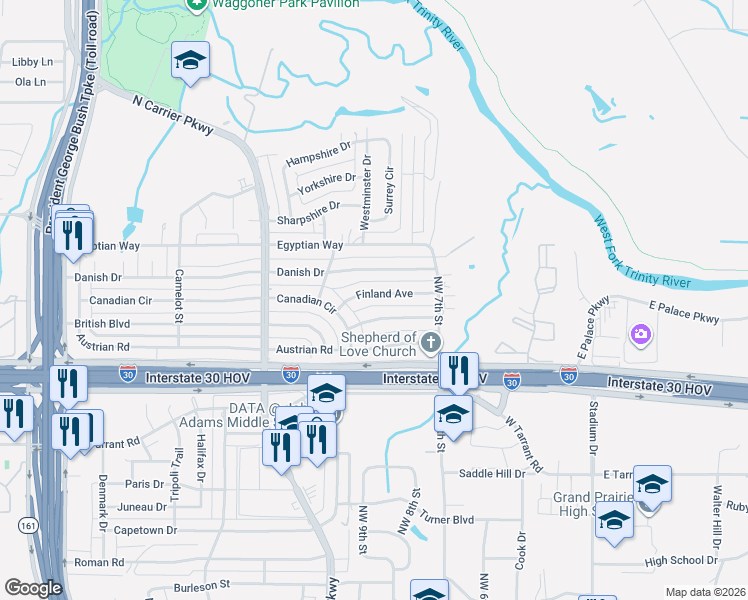 map of restaurants, bars, coffee shops, grocery stores, and more near 802 Finland Avenue in Grand Prairie