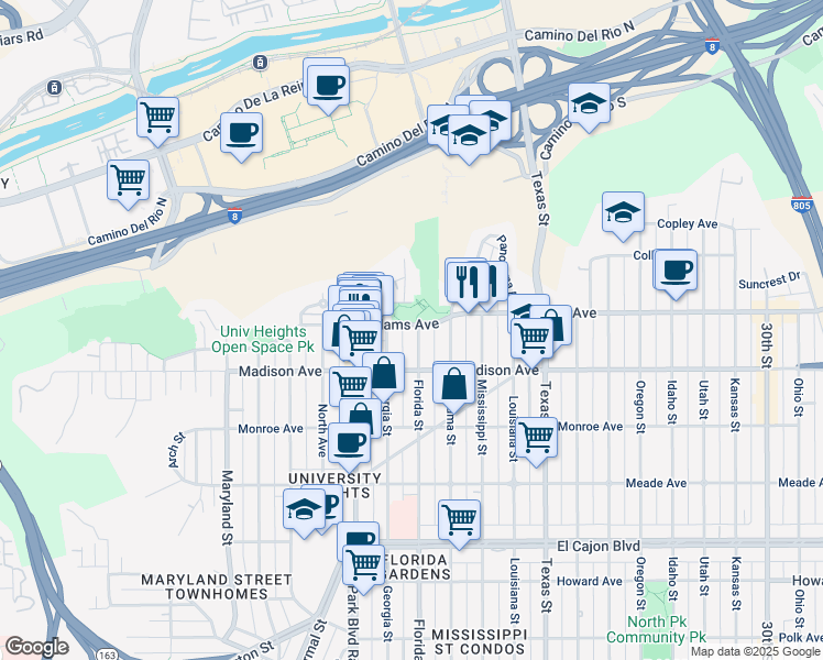 map of restaurants, bars, coffee shops, grocery stores, and more near 1943 Adams Avenue in San Diego