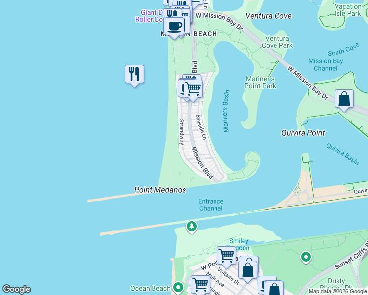map of restaurants, bars, coffee shops, grocery stores, and more near 2742 Strandway in San Diego
