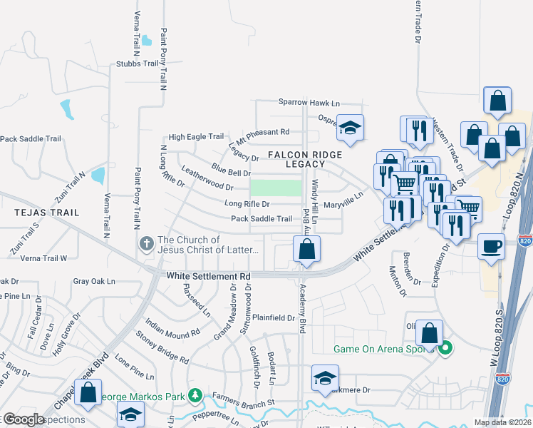 map of restaurants, bars, coffee shops, grocery stores, and more near 9932 Long Rifle Drive in Fort Worth