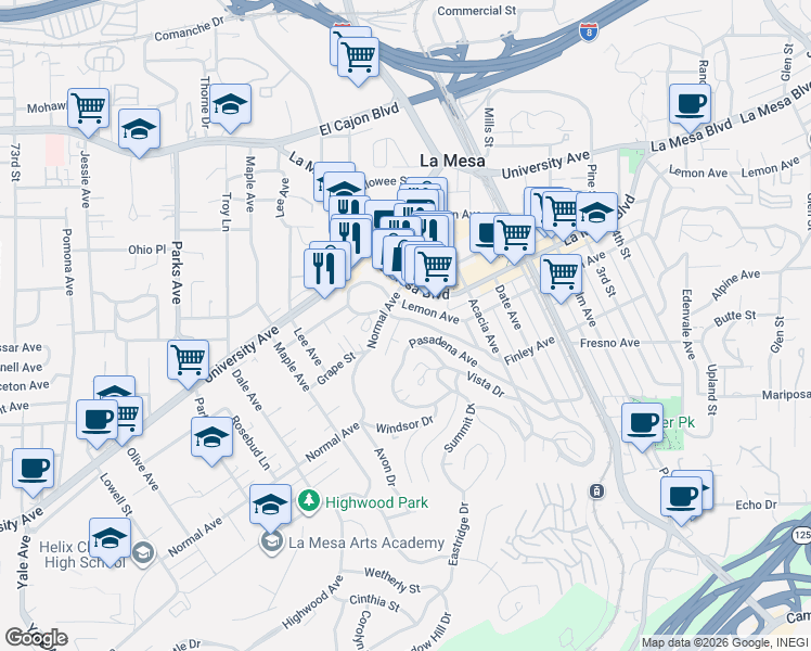 map of restaurants, bars, coffee shops, grocery stores, and more near 8033 Fairview Avenue in La Mesa