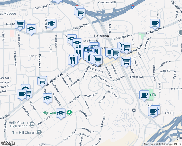 map of restaurants, bars, coffee shops, grocery stores, and more near 8033 Fairview Avenue in La Mesa
