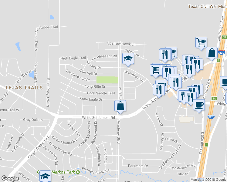map of restaurants, bars, coffee shops, grocery stores, and more near 9912 Pack Saddle Trail in Fort Worth