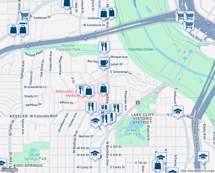 map of restaurants, bars, coffee shops, grocery stores, and more near N Beckley Ave & E Tilden St in Dallas