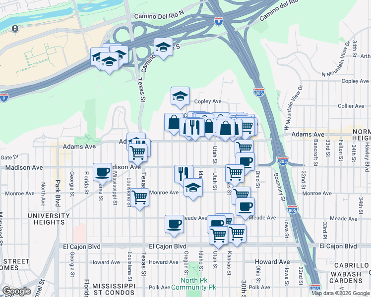 map of restaurants, bars, coffee shops, grocery stores, and more near 4670 Oregon Street in San Diego
