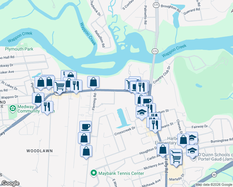 map of restaurants, bars, coffee shops, grocery stores, and more near 202 Promenade Vista Street in Charleston
