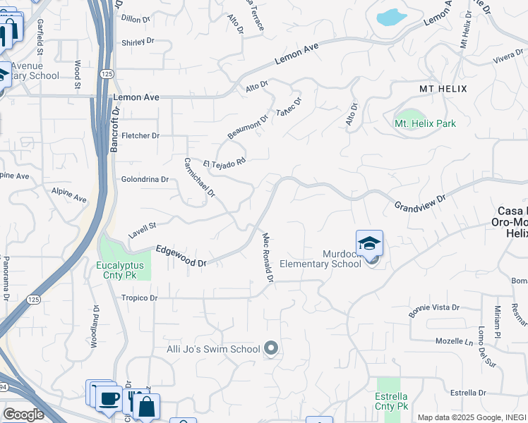 map of restaurants, bars, coffee shops, grocery stores, and more near Grandview Drive in La Mesa