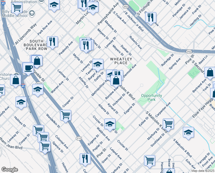 map of restaurants, bars, coffee shops, grocery stores, and more near 3711 South Malcolm X Boulevard in Dallas
