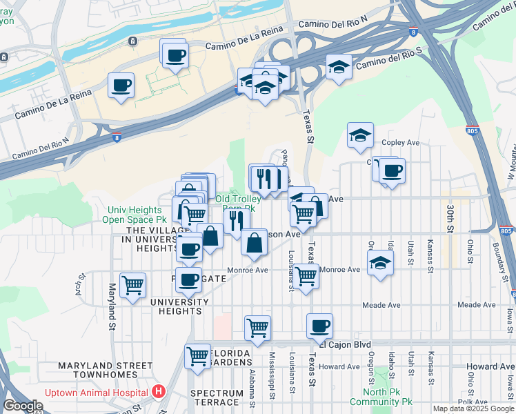 map of restaurants, bars, coffee shops, grocery stores, and more near 4673 Alabama Street in San Diego