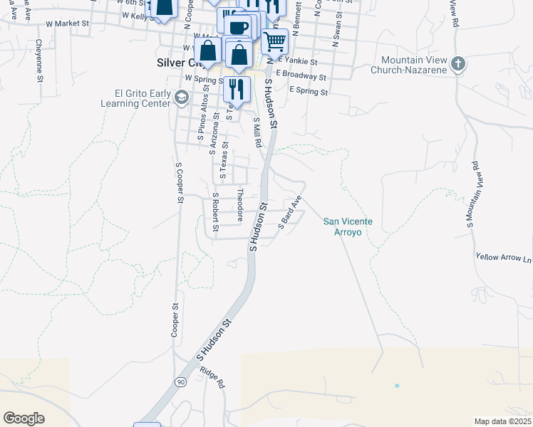 map of restaurants, bars, coffee shops, grocery stores, and more near 201-299 East Daniel Street in Silver City
