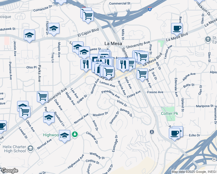 map of restaurants, bars, coffee shops, grocery stores, and more near 8072 Fairview Avenue in La Mesa
