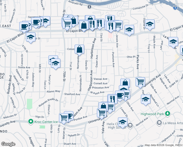 map of restaurants, bars, coffee shops, grocery stores, and more near 4623 Harbinson Avenue in La Mesa