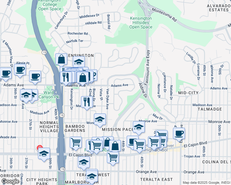 map of restaurants, bars, coffee shops, grocery stores, and more near 4277 Adams Avenue in San Diego