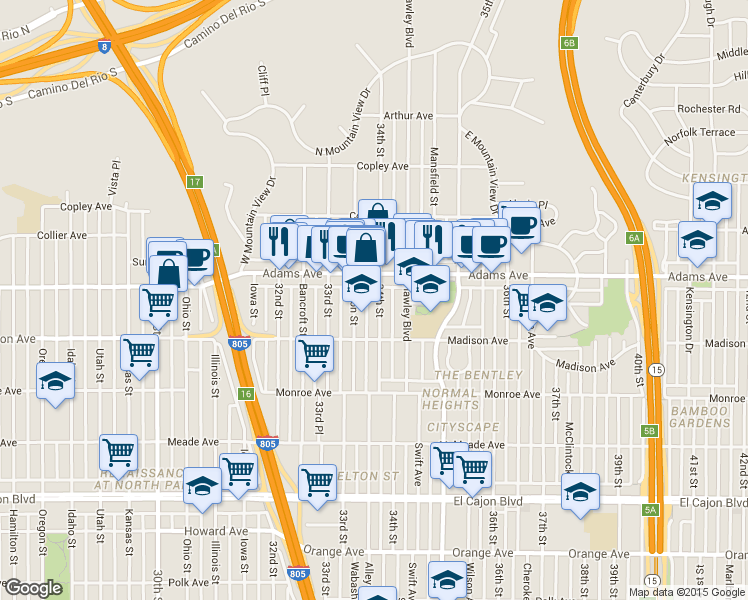 map of restaurants, bars, coffee shops, grocery stores, and more near in San Diego