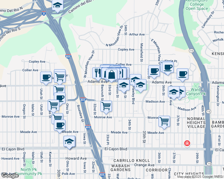 map of restaurants, bars, coffee shops, grocery stores, and more near 4688 33rd Street in San Diego