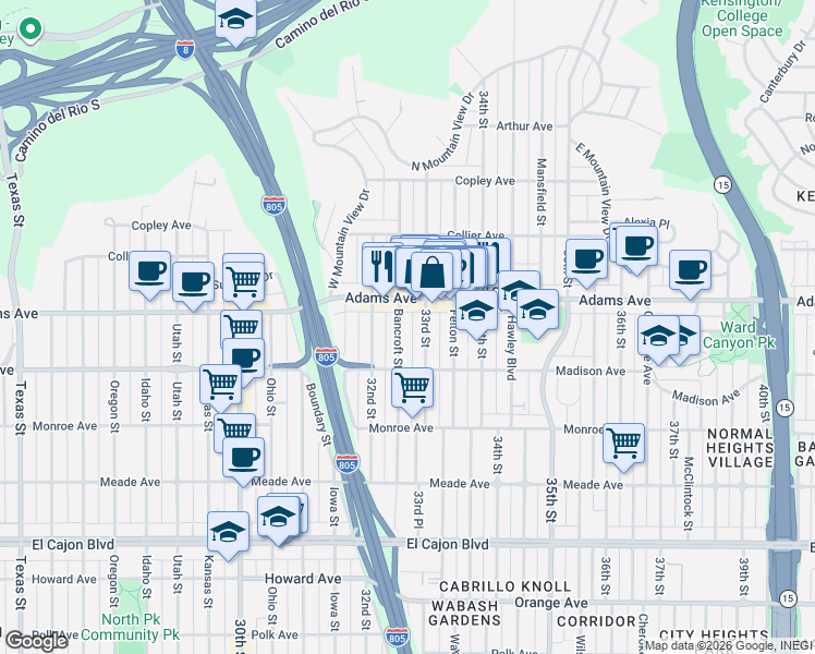 map of restaurants, bars, coffee shops, grocery stores, and more near in San Diego