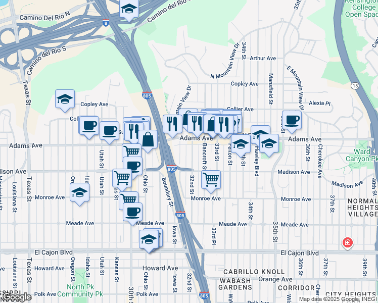 map of restaurants, bars, coffee shops, grocery stores, and more near 3165 Adams Avenue in San Diego