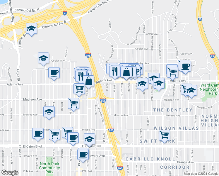 map of restaurants, bars, coffee shops, grocery stores, and more near 3165 Adams Avenue in San Diego