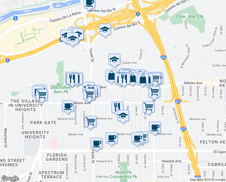 map of restaurants, bars, coffee shops, grocery stores, and more near 2520 Adams Avenue in San Diego