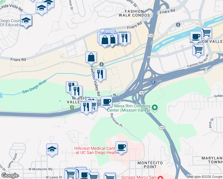 map of restaurants, bars, coffee shops, grocery stores, and more near 504 Hotel Cir N in San Diego