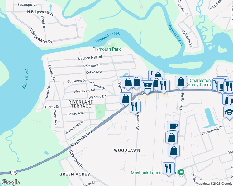 map of restaurants, bars, coffee shops, grocery stores, and more near 167 Clark Avenue in Charleston