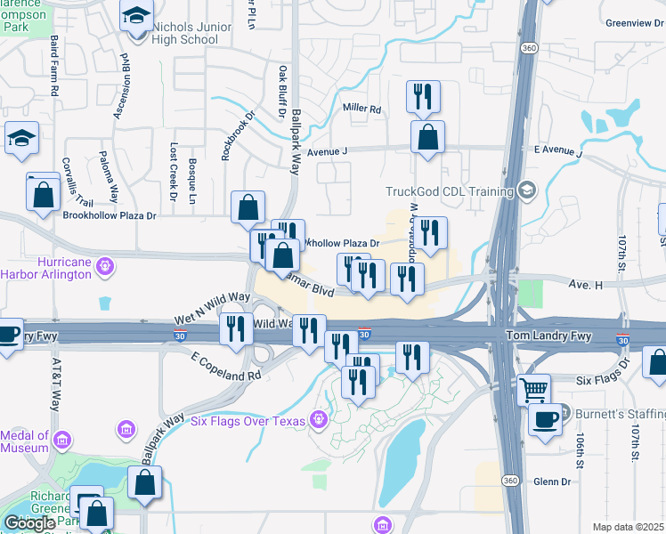 map of restaurants, bars, coffee shops, grocery stores, and more near 2200 Brookhollow Plaza Drive in Arlington
