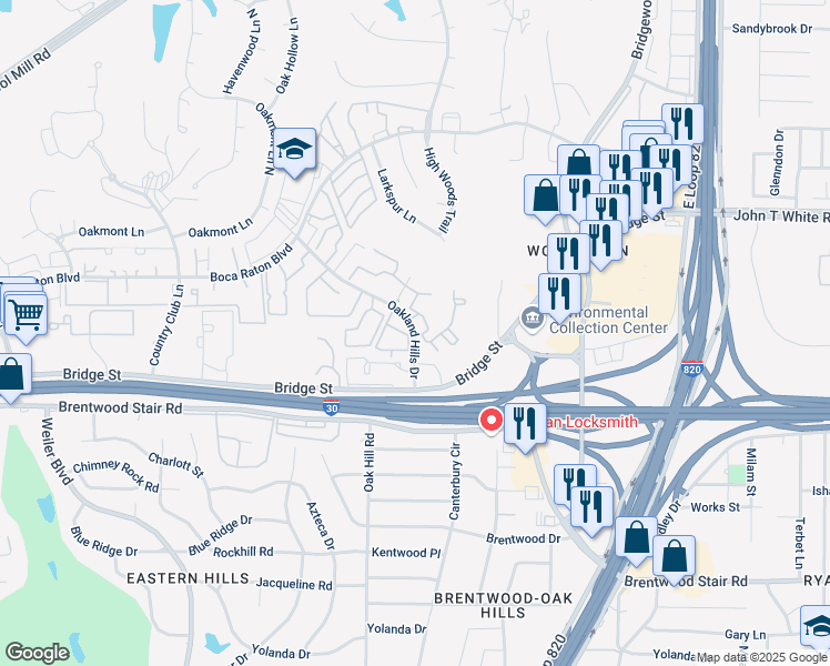 map of restaurants, bars, coffee shops, grocery stores, and more near 6001 Barton Hills Drive in Fort Worth