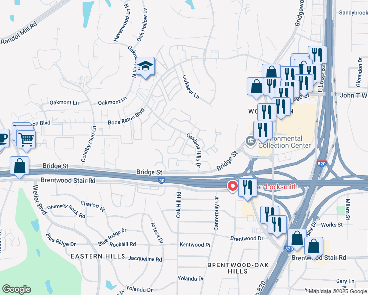 map of restaurants, bars, coffee shops, grocery stores, and more near 6050 Oakland Hills Drive in Fort Worth