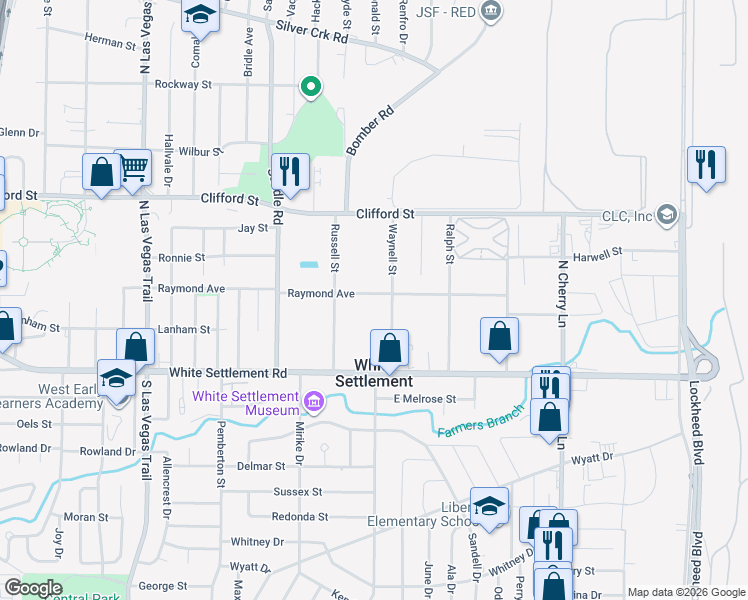 map of restaurants, bars, coffee shops, grocery stores, and more near 8208 Raymond Avenue in Fort Worth