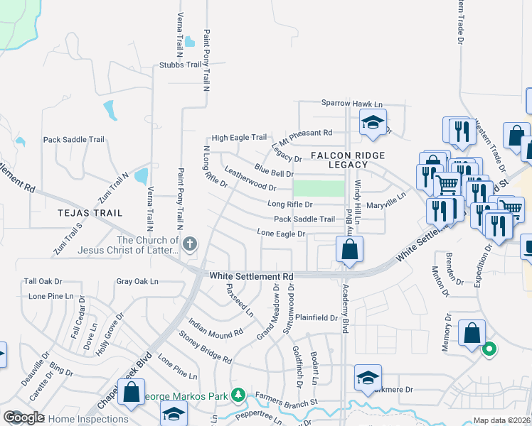map of restaurants, bars, coffee shops, grocery stores, and more near 10024 Long Rifle Drive in Fort Worth