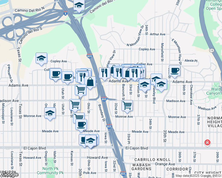 map of restaurants, bars, coffee shops, grocery stores, and more near 3165 Adams Avenue in San Diego