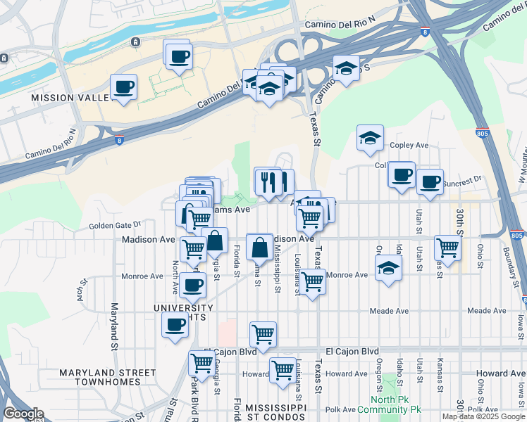 map of restaurants, bars, coffee shops, grocery stores, and more near 4673 Alabama Street in San Diego