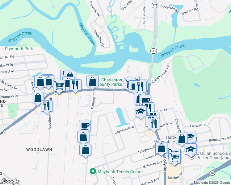 map of restaurants, bars, coffee shops, grocery stores, and more near 202 Promenade Vista Street in Charleston