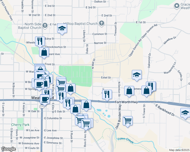 map of restaurants, bars, coffee shops, grocery stores, and more near 607 East Water Street in Weatherford
