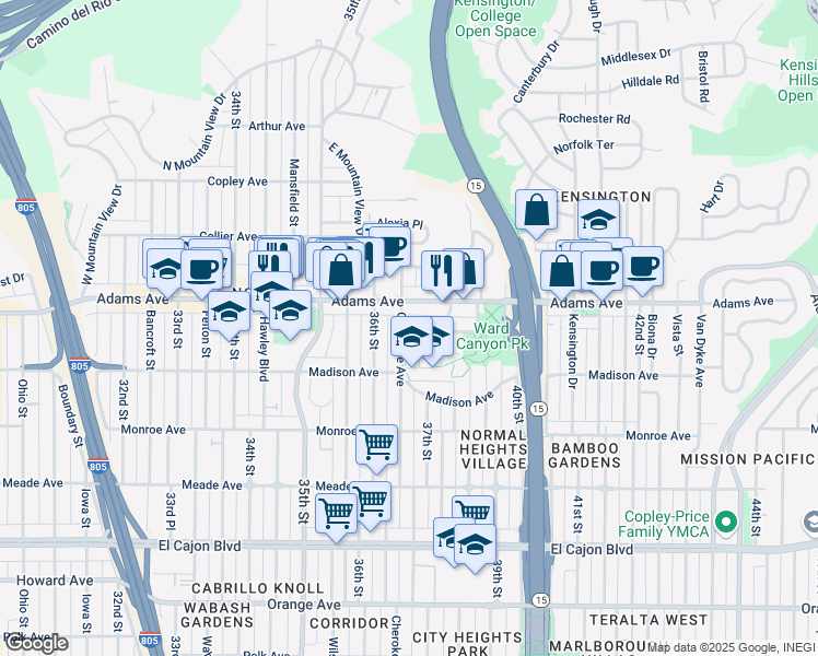 map of restaurants, bars, coffee shops, grocery stores, and more near 4683 Cherokee Avenue in San Diego
