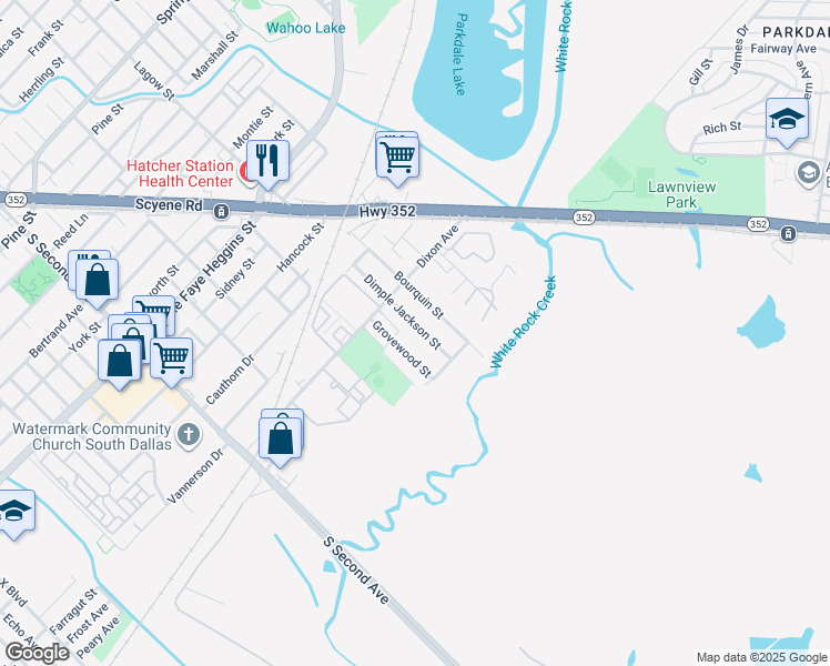 map of restaurants, bars, coffee shops, grocery stores, and more near 5309 Audrey Street in Dallas