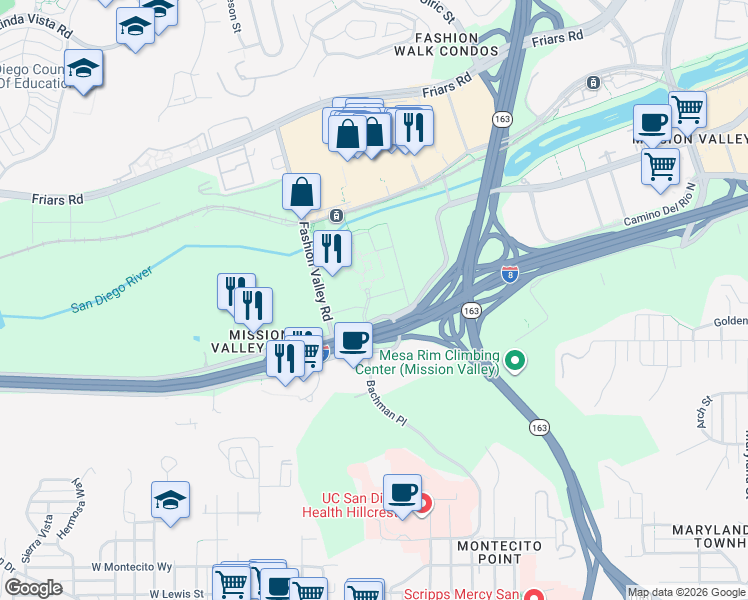map of restaurants, bars, coffee shops, grocery stores, and more near 504 Hotel Cir N in San Diego