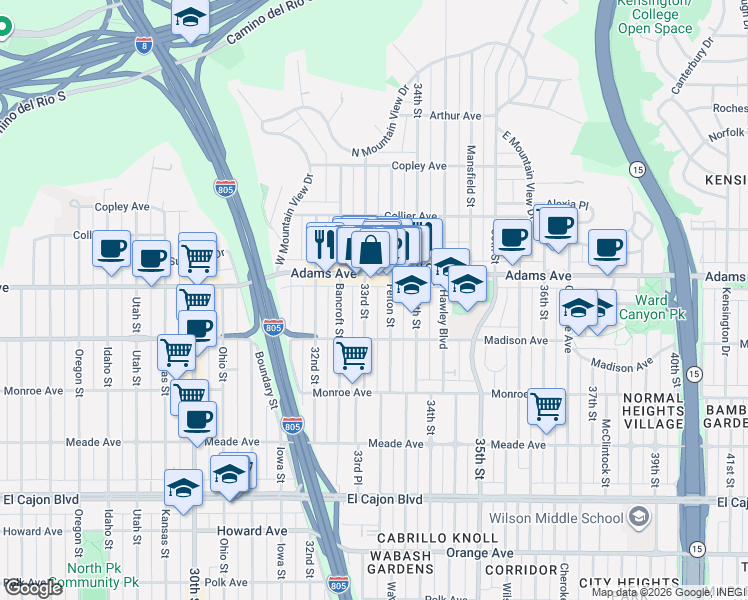 map of restaurants, bars, coffee shops, grocery stores, and more near 4655 33rd Street in San Diego