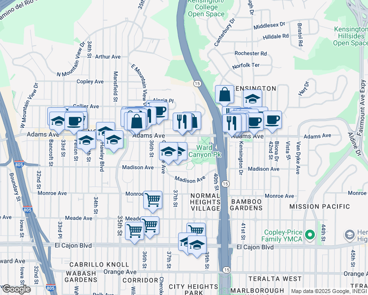 map of restaurants, bars, coffee shops, grocery stores, and more near 4688 East Mountain View Drive in San Diego