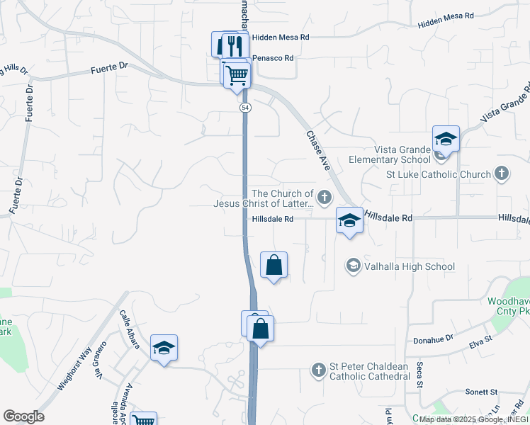 map of restaurants, bars, coffee shops, grocery stores, and more near Hillsdale Road in Rancho San Diego
