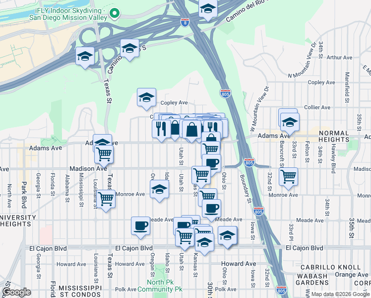 map of restaurants, bars, coffee shops, grocery stores, and more near in San Diego