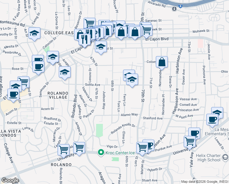 map of restaurants, bars, coffee shops, grocery stores, and more near 4671 68th Street in La Mesa