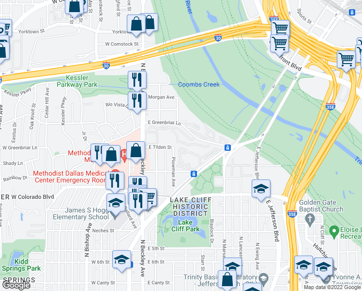 map of restaurants, bars, coffee shops, grocery stores, and more near 1409 North Zang Boulevard in Dallas