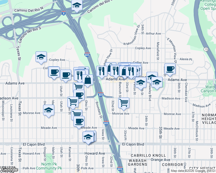 map of restaurants, bars, coffee shops, grocery stores, and more near 4657 Iowa Street in San Diego