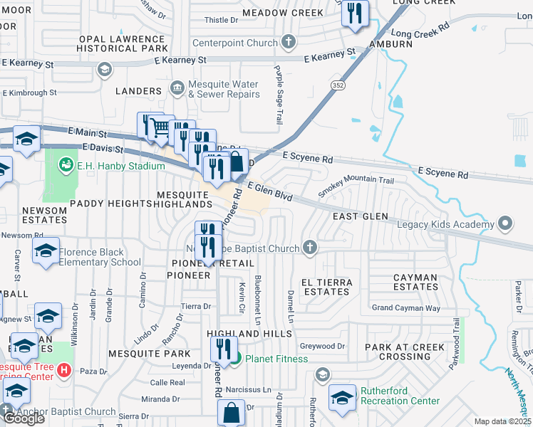map of restaurants, bars, coffee shops, grocery stores, and more near 425 Horse Shoe Bend in Mesquite